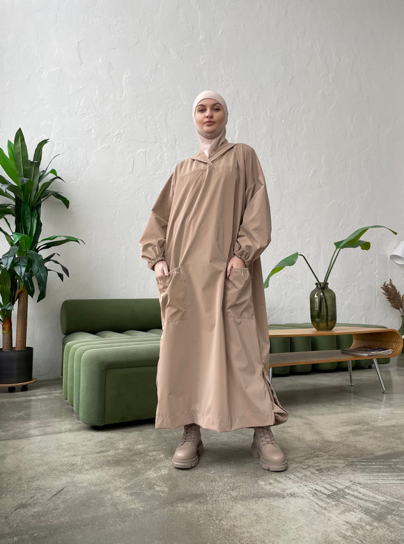 Urban style beige waterproof abaya with harem pants and zippers, raincoat hijab dress, Muslim rain outfit
