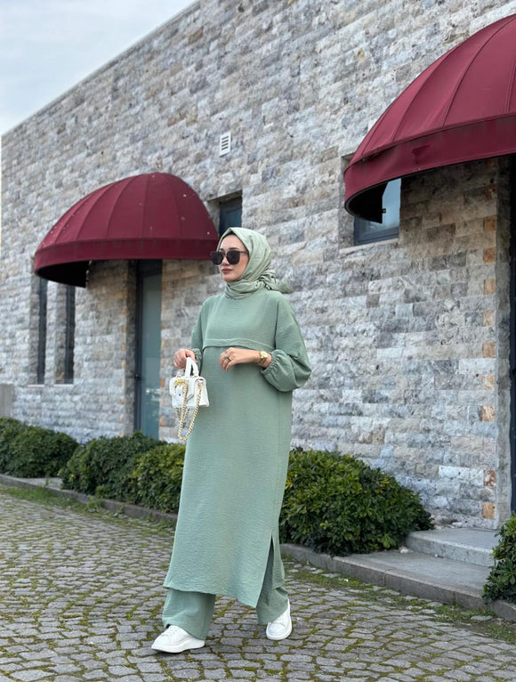 Elegant light green trendy ladies trouser suit crepe - comfortable, stylish and compatible with sharia law