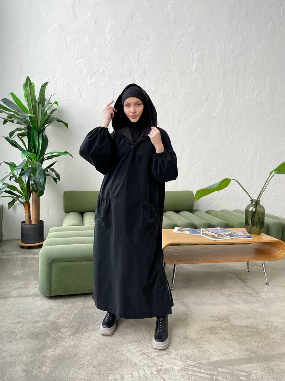 Urban style Black waterproof abaya with harem pants and zippers, raincoat hijab dress, Muslim rain outfit