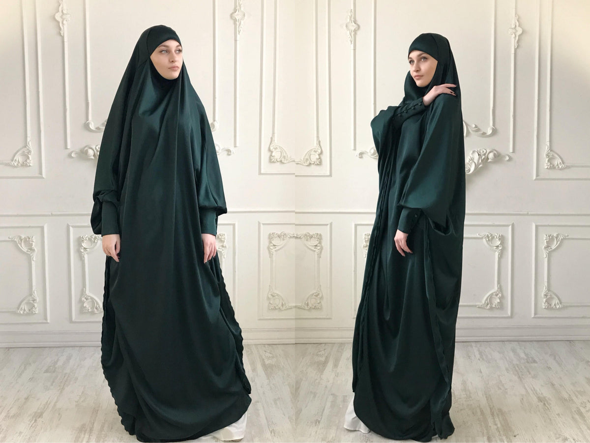 Emerald Long Silk Khimar, Elegant green muslim dress, Burqa,Dubai Abay