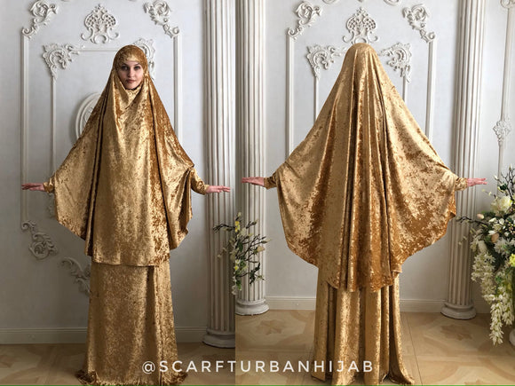 Golden velvet Jilbab suit with skirt, Transformer Khimar, niqab burqa, Muslim dress, long nikab, ready to wear hijab, islamic gift