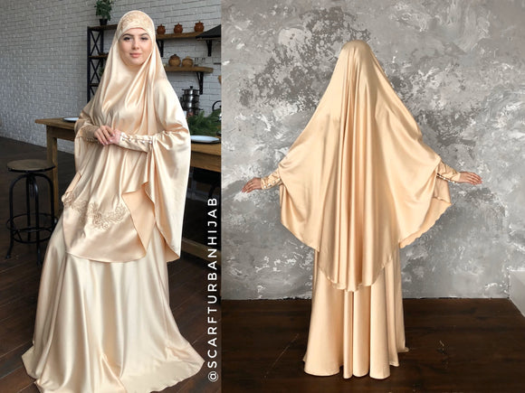 Elegant golden beige silk satin jilbab Muslim suit, wedding khimar, engagement beige islamic dress, nikah outfit
