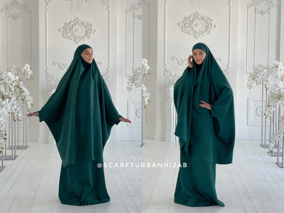 Emerald suede Khimar, elegant dark green jilbab , ready to wear long hijab with skirt, islamic gift, muslim dress