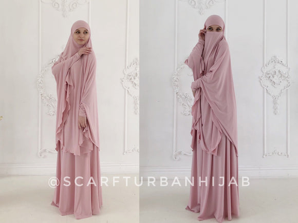 traditional hijab - khimar, which is a single movement can become a niqab. You just need to lift hijab from his chin and closes face.Blush pink Khimar niqab transformer with skirt