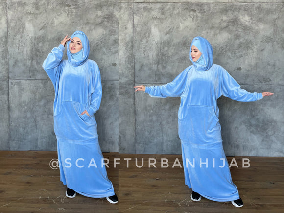 Blue suit with hood , Muslim clothing, hijab plush velour