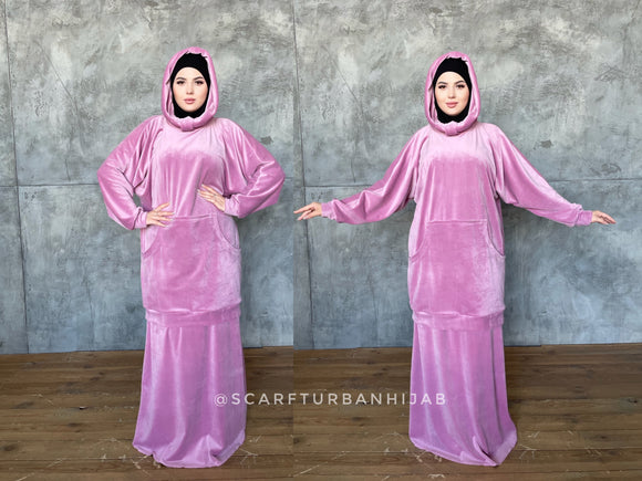 Pink suit with hood , Muslim clothing, hijab plush velour