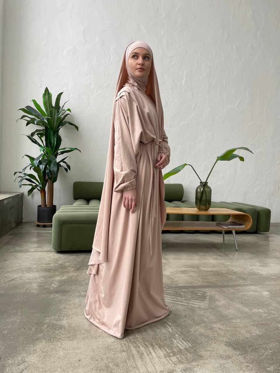 Elegant beige cotton jersey dress with hijab and cape khimar veil, haj –  ScarfTurbanHijab