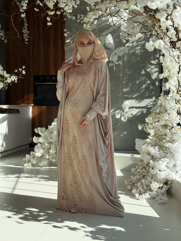 Elegant Beige Dress with Lace Hood, Jilbab Dress