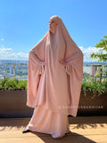 Beige crepe kimono Jilbab suit with skirt, summer  Khimar,  Muslim dress, ready to wear hijab, islamic gift