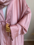 Dustyq Pink Silk Abaya with Embroidered Tencel Scarf | Satin Kaftan Dress