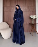 Navy Blue Silk Abaya with Embroidered Tencel Scarf | Satin Kaftan Dress