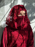 Burgundy Jersey Dress with Lace Hood, Modest Islamic Wedding Outfit, Underscarf Included