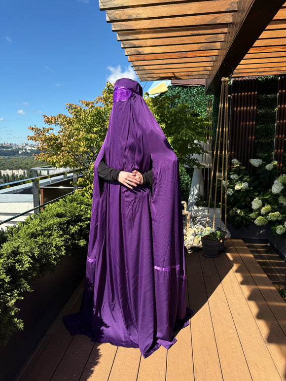 Eggplant color silk Afghan burqa cape, full niqab veil, Saudi abaya