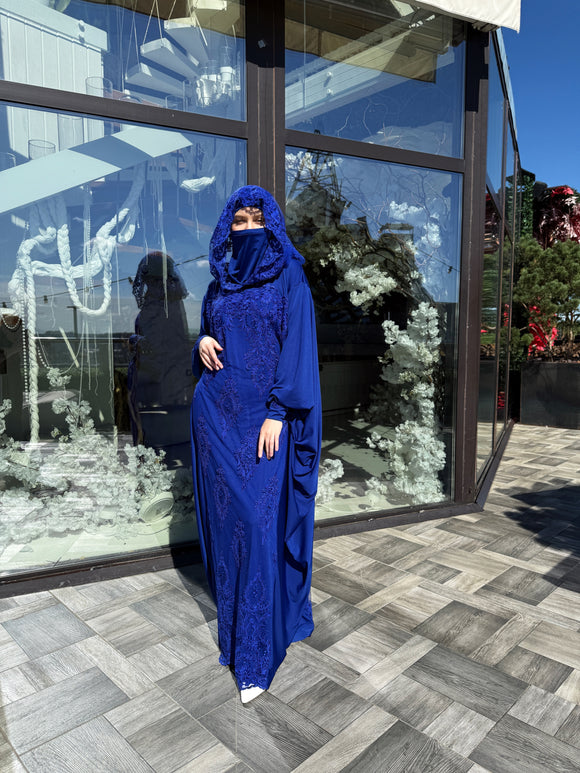 Royal Blue Modest Islamic Dress with Lace Hood,  Wedding or Nikah
