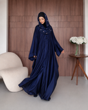 Navy Blue Silk Abaya with Embroidered Tencel Scarf | Satin Kaftan Dress
