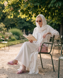 Ivory Embroidered Tencel Abaya Set, Floral Modest Dress with Scarf, Summer Nikah Eid