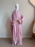 Dustyq Pink Silk Abaya with Embroidered Tencel Scarf | Satin Kaftan Dress