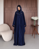 Navy Blue Silk Abaya with Embroidered Tencel Scarf | Satin Kaftan Dress