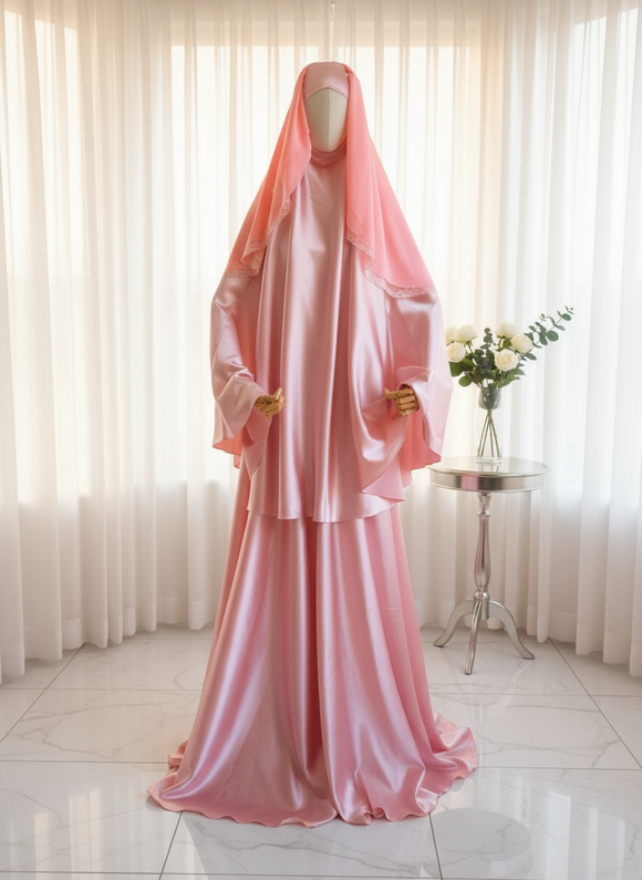 Luxury Silk Satin Modest Set with Lace Veil