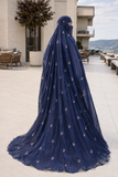Navy Floral Burqa Veil Cape, Sheer Tencel Nikab Coverup, Luxury Nikah Eid