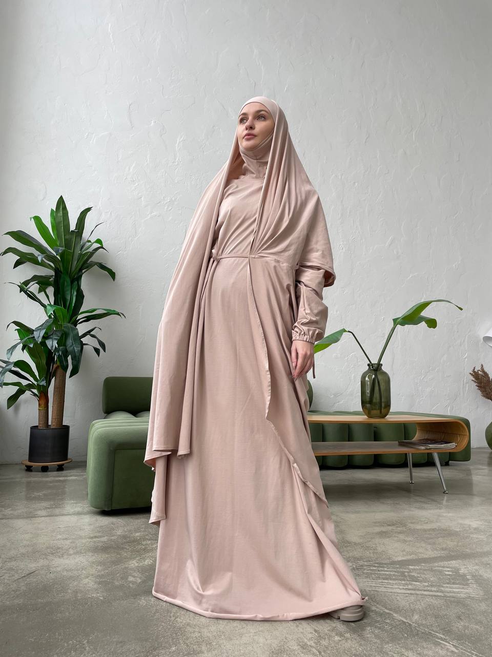 Elegant beige cotton jersey dress with hijab and cape khimar veil, haj ScarfTurbanHijab Elegant beige cotton jersey dress with hijab and cape khimar veil, haj ScarfTurbanHijab