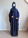 Navy Blue Silk Abaya with Embroidered Tencel Scarf | Satin Kaftan Dress