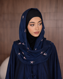 Navy Blue Silk Abaya with Embroidered Tencel Scarf | Satin Kaftan Dress