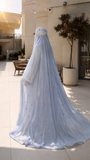 Blue Floral Burqa Veil Cape, Sheer Tencel Nikab Coverup, Luxury Nikah Eid