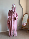 Dustyq Pink Silk Abaya with Embroidered Tencel Scarf | Satin Kaftan Dress