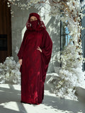 Burgundy Jersey Dress with Lace Hood, Modest Islamic Wedding Outfit, Underscarf Included