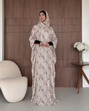 Beige Brown Branch Print Prayer Dress with Attached Hijab