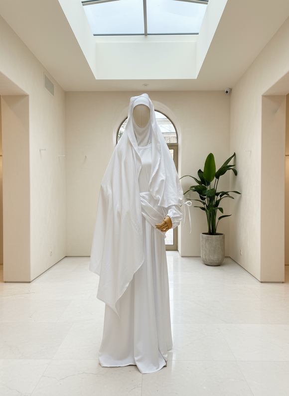 3-Piece White Modest Set – Dress, Cape and Hijab, Turkish Cotton Jersey with Elastane