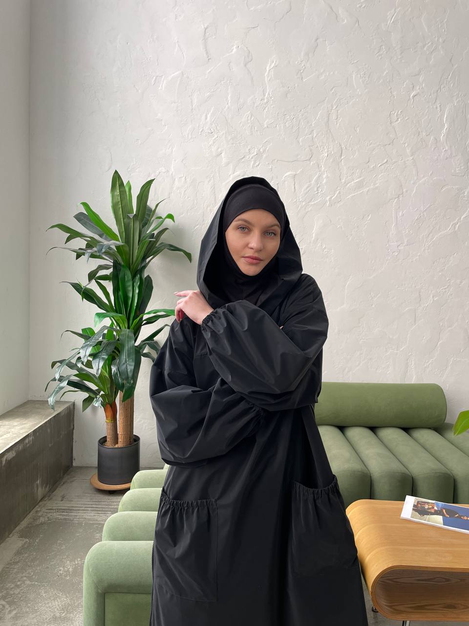 Urban style Black waterproof abaya with harem pants and zippers, rainc – ScarfTurbanHijab