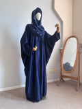 Navy Blue Silk Abaya with Embroidered Tencel Scarf | Satin Kaftan Dress