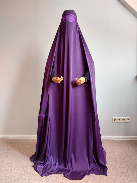 Eggplant color silk Afghan burqa cape, full niqab veil, Saudi abaya