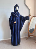 Navy Blue Silk Abaya with Embroidered Tencel Scarf | Satin Kaftan Dress