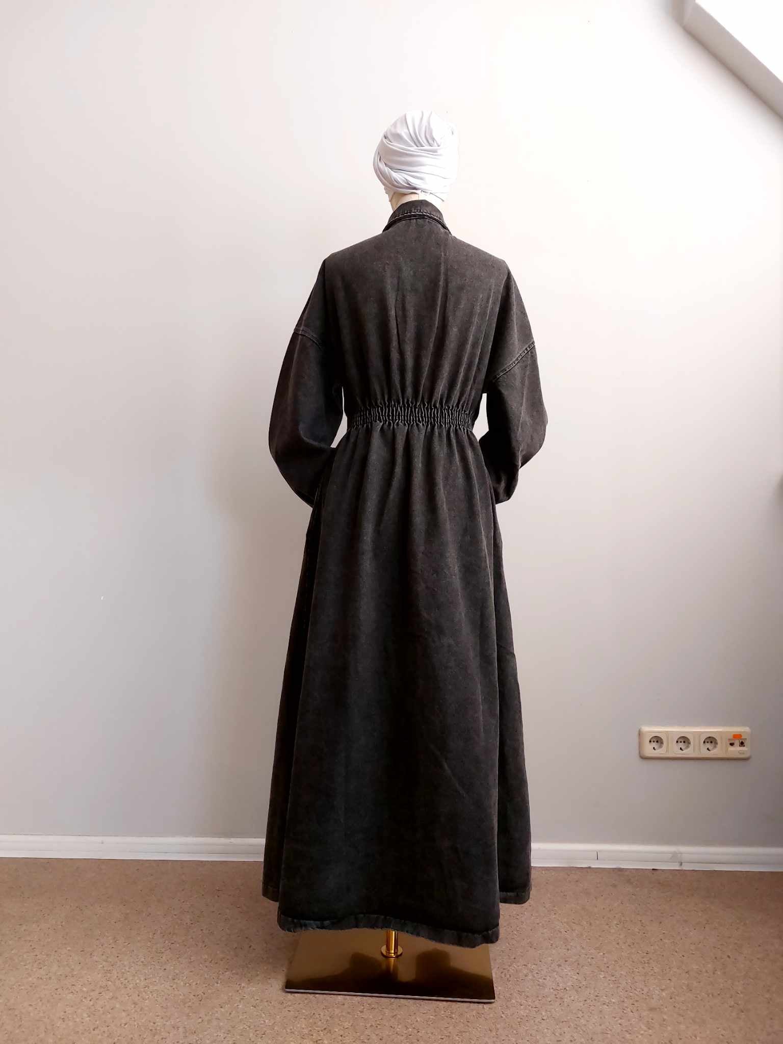 Modest Elegance: Dark Gray Denim Dress with Elastic Belt and Long Slee ScarfTurbanHijab Modest Elegance: Dark Gray Denim Dress with Elastic Belt and Long Slee ScarfTurbanHijab
