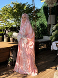 Elegant long Silk Jilbab with White Lace Veil, bridal Khimar.