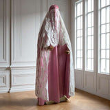 Luxury Pink Silk Burqa with 3D White Lace, Bridal Islamic Cloak