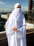 White Bridal Jilbab, Full Length Khimar with Lace Embroidery