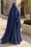 Navy Floral Burqa Veil Cape, Sheer Tencel Nikab Coverup, Luxury Nikah Eid