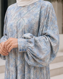 Blue Grey Floral Maxi Dress, Balloon Sleeve Modest Dress, Boho Summer Outfit