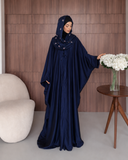 Navy Blue Silk Abaya with Embroidered Tencel Scarf | Satin Kaftan Dress