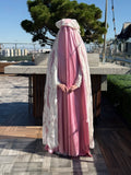 Luxury Pink Silk Burqa with 3D White Lace, Bridal Islamic Cloak