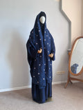 Navy Blue Silk Abaya with Embroidered Tencel Scarf | Satin Kaftan Dress