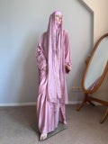 Dustyq Pink Silk Abaya with Embroidered Tencel Scarf | Satin Kaftan Dress
