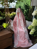 Elegant long Silk Jilbab with White Lace Veil, bridal Khimar.