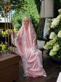 Elegant long Silk Jilbab with White Lace Veil, bridal Khimar.