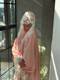 Elegant long Silk Jilbab with White Lace Veil, bridal Khimar.