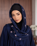 Navy Blue Silk Abaya with Embroidered Tencel Scarf | Satin Kaftan Dress